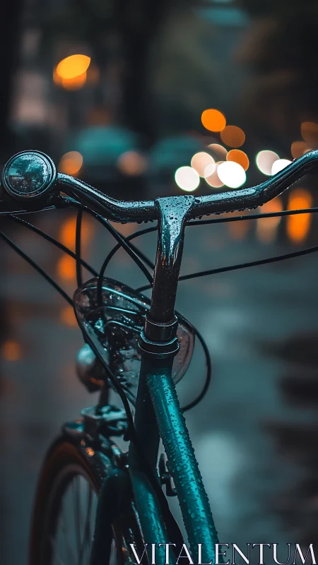 Wet bicycle handlebars with bokeh city lights in atmospheric evening.