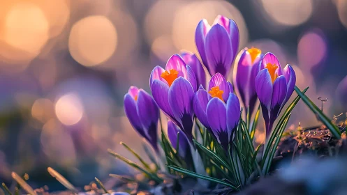 Violet Crocuses Bloom in Soft Sunlight and Bokeh.