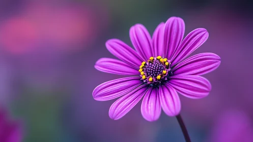Purple Daisy Bloom with Yellow Stamen Center Against Soft Gradient.