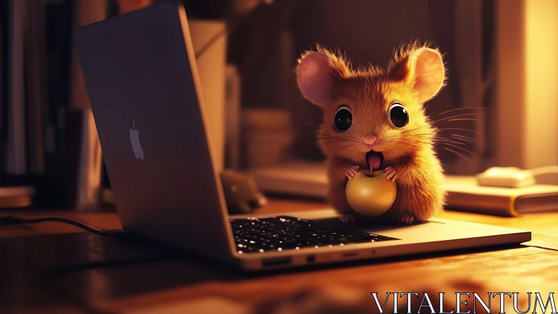 Warm desk scene shows stylized 3D mouse beside open laptop computer