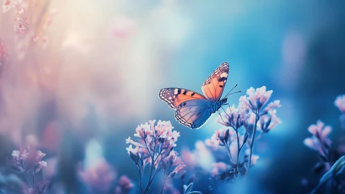 Monarch butterfly hovers above pastel wildflowers in cool bokeh field