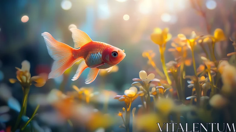 Goldfish swimming through blurred underwater plants.