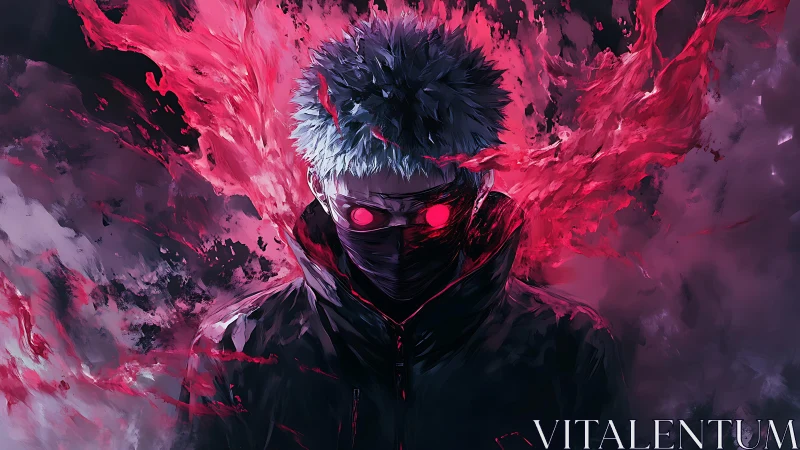 Masked antihero radiates crimson energy in stormy void