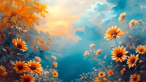 Sunflowers Against Blue Sky With Clouds