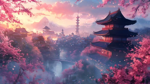 Twilight cherry blossoms over tiered temples and river city.