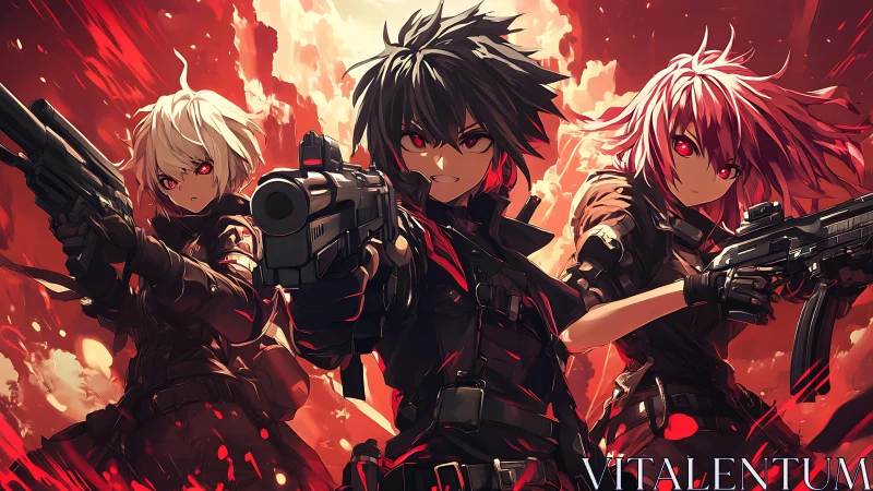 Triangular combat formation of armed anime soldiers amid inferno