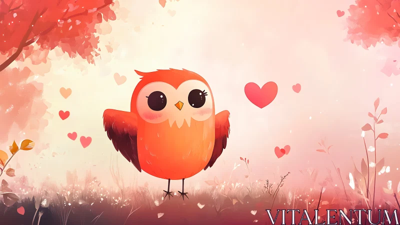 Cartoon owl in pink meadow with floating hearts illustration.