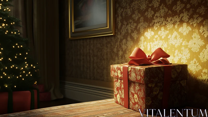 Ray-traced Christmas gift box under warm directional spot lighting
