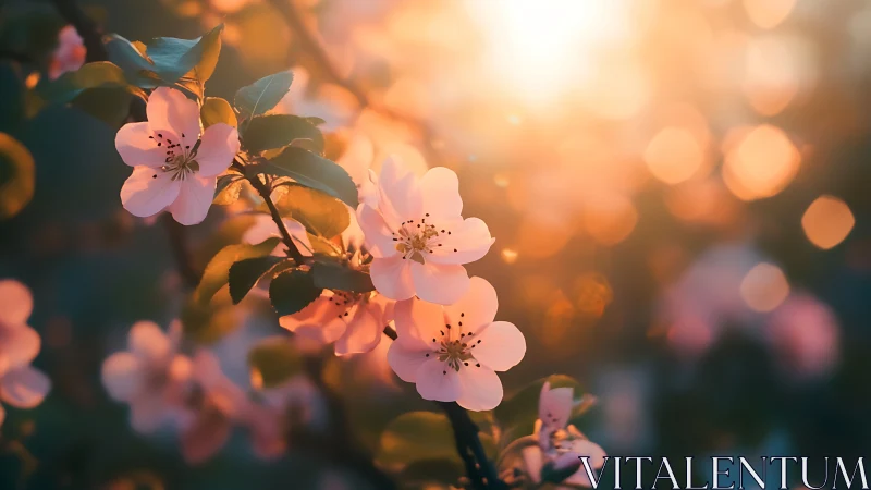 Backlit cherry blossoms in dreamy golden bokeh glow.