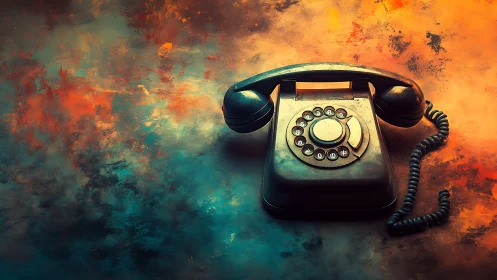 Vintage rotary phone over fiery teal abstract backdrop.