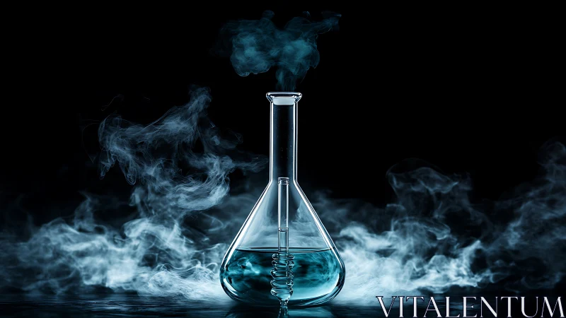 Laboratory flask with blue liquid and swirling chemical vapor.