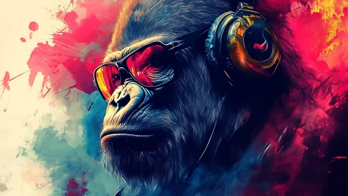 Neon gorilla DJ with headphones radiates bold attitude.