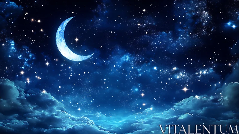 Crescent moon over glowing starfield and luminous clouds.