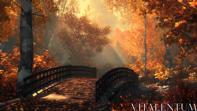 Arched wooden bridge spans a sunlit, fog-laced autumn forest