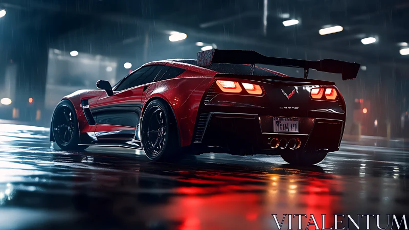 Sleek red sports coupe idling in cinematic night rain scene.