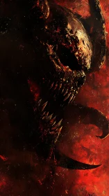 Infernal chitin predator emerging from red particulate void.