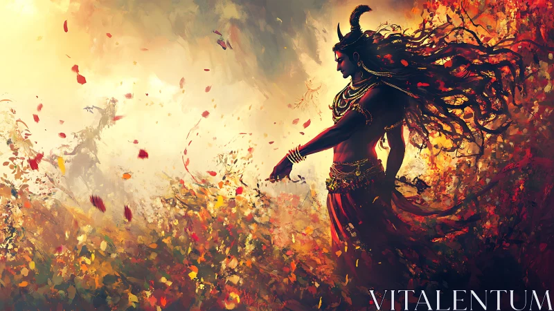 Mythic horned figure commands swirling autumnal flame field