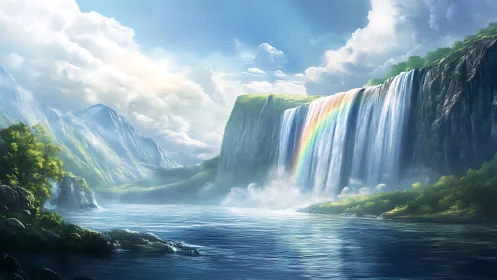 Wide waterfall and rainbow in bright mountain valley.