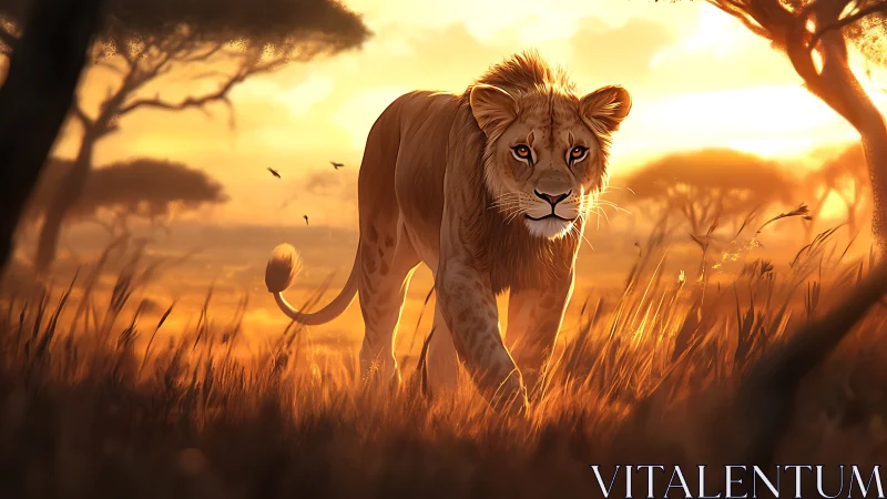 Sunset-striding lion turns savanna light into quiet fire
