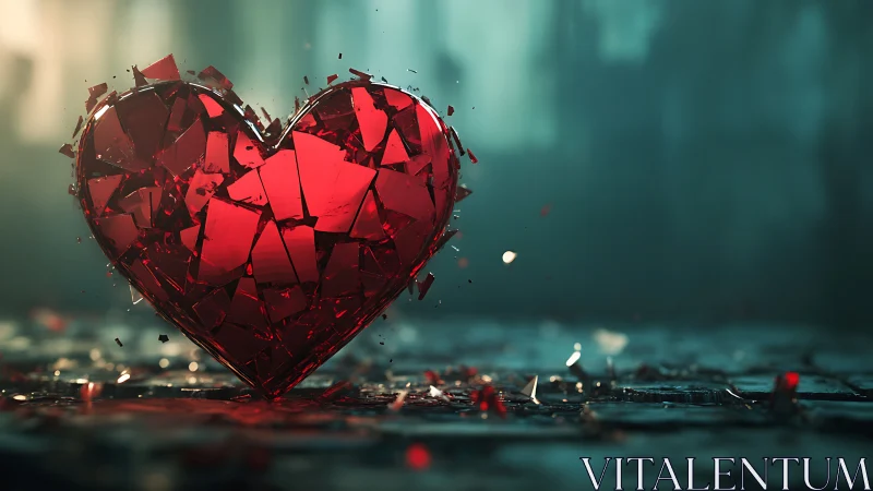Shattered Red Heart Against Teal Atmosphere.
