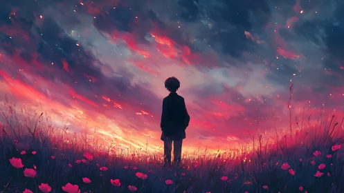 Solitary figure contemplates a vivid crimson twilight sky