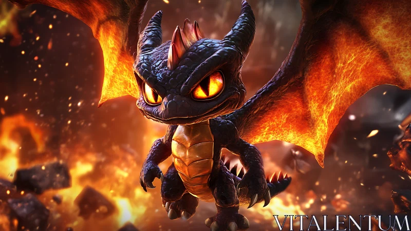 Small dragon with glowing wings amid falling embers.