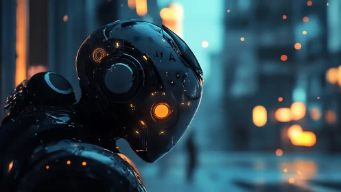 Chrome urban android studies neon embers in winter dusk.