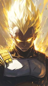 Solar-flared warrior locked in golden storm of wrath.