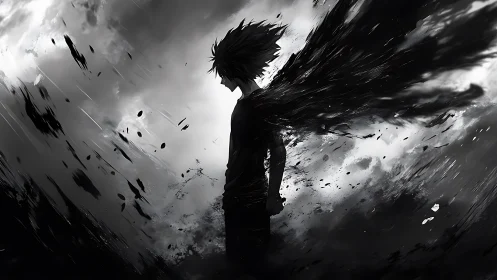 Shadowed anime figure stands amid swirling dark energy