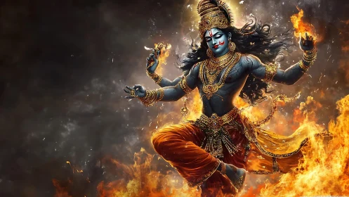Hindu deity figure dances amid swirling flames and smoke