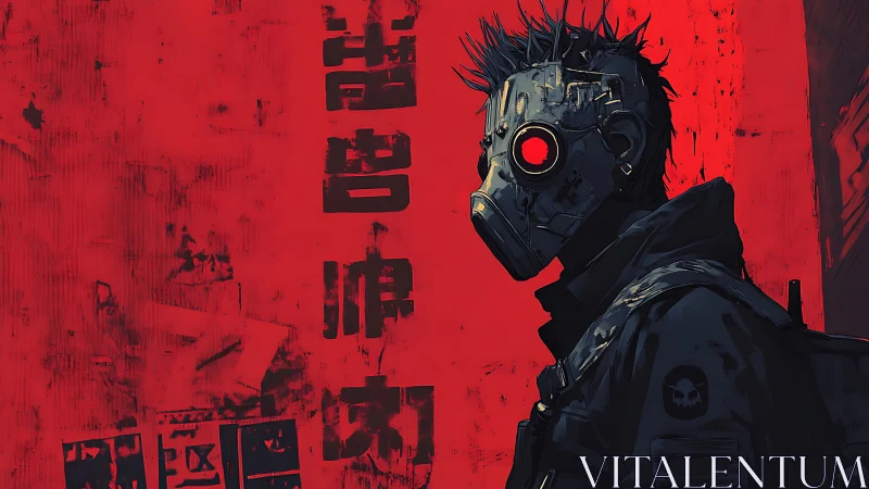 Masked figure in red urban backdrop with graphic glyphs.