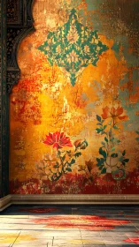 Sunlit floral mural glows against an aged ornate wall