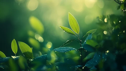 Fresh green leaves with morning dew in soft sunlight, nature macro.