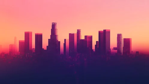 Urban high-rise skyline under gradient sunset light.