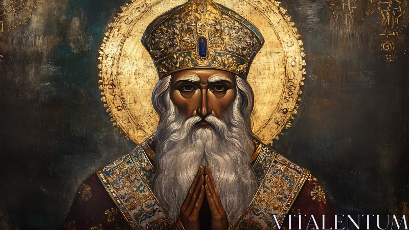 Golden haloed elder saint in brocade, whispering silent prayers.