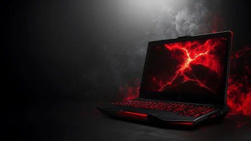 Fiery gaming laptop glowing with bold red digital energy.