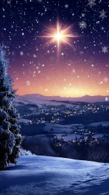 Snow-covered hillside above illuminated valley at dusk.