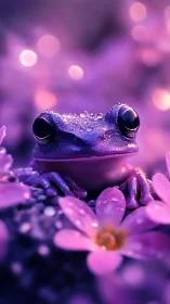 Frog sits among purple flowers in shallow depth of field