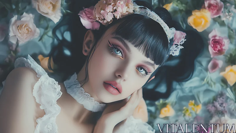 Hyper-detailed floral portrait of stylized girl with soft focus bokeh