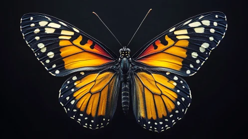 Monarch butterfly specimen is displayed in symmetrical dorsal view