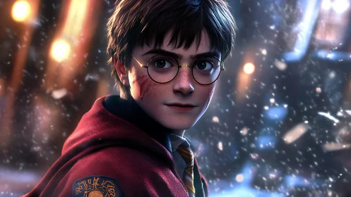 Young robed student with glasses in falling snow at night.