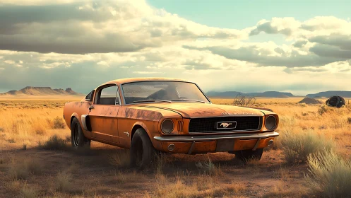 Rusty classic Mustang rests in golden desert grassland