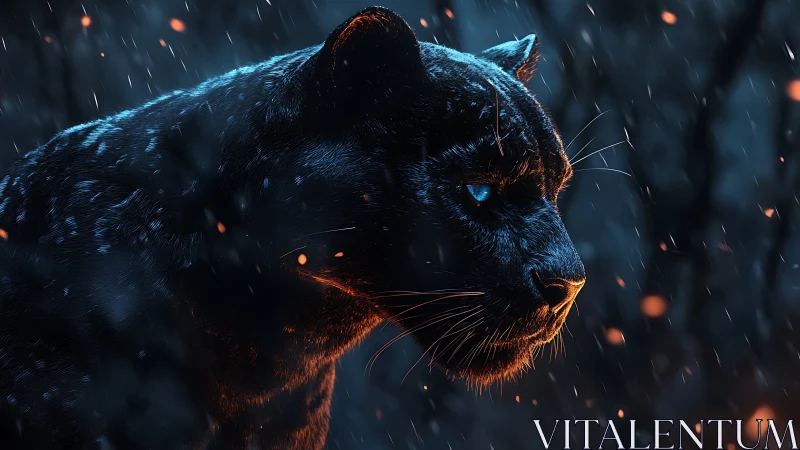 Illuminated Panther in Rainfall with Ember Accents