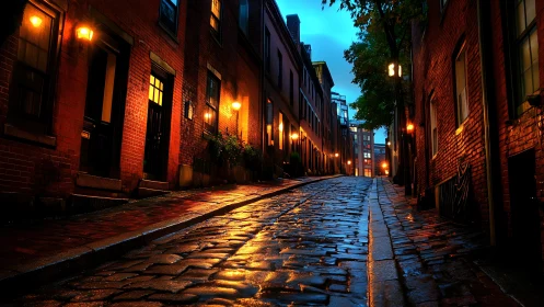 Rain-soaked cobblestone street under warm urban lamplight.