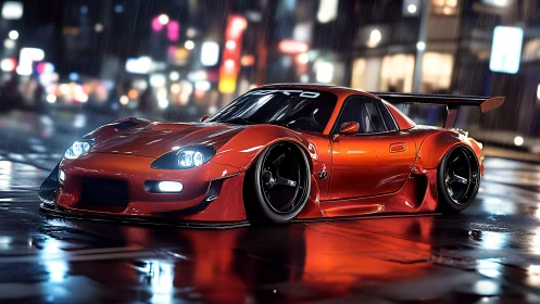 Modified red sports coupe parked on wet neon city street.