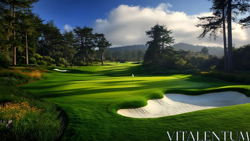 Sunlit golf fairway with sculpted bunkers and coastal pines.