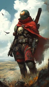 Armored wasteland hunter with red cloak and skull emblem.
