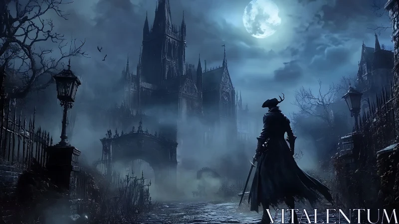 Hunter in gothic ruins under full moon with looming cathedral.