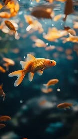 Digital painting of luminous goldfish in bokeh aquatic depth.