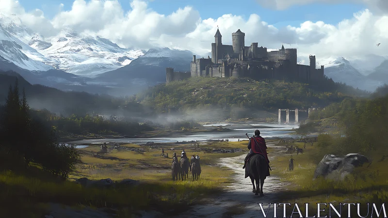 Adventurous riders approach a distant mountain castle slowly.